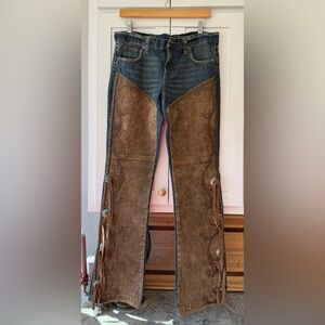 Vintage Ralph Lauren Western Jeans w Suede Leather Chap Panels Concho Fringe 30
